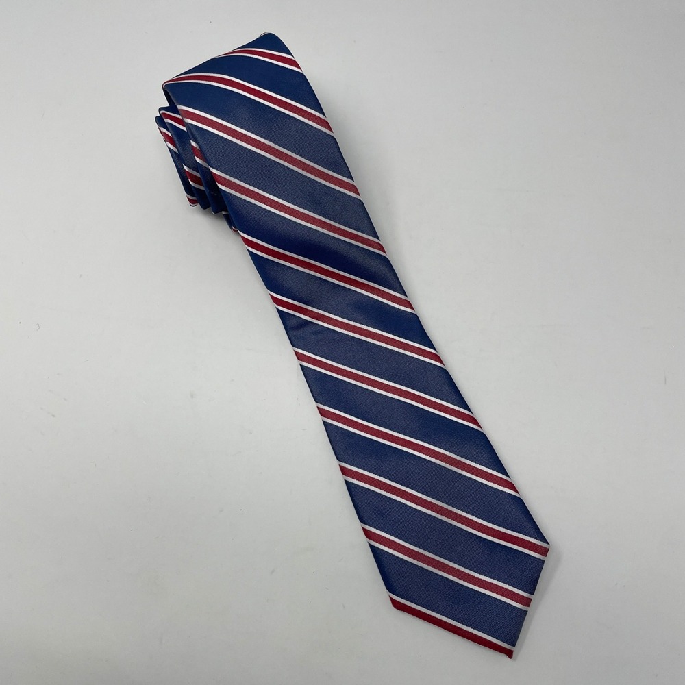 Chaps Mens Necktie Blue Red White Diagonal Striped Poly Presidential Classic Tie